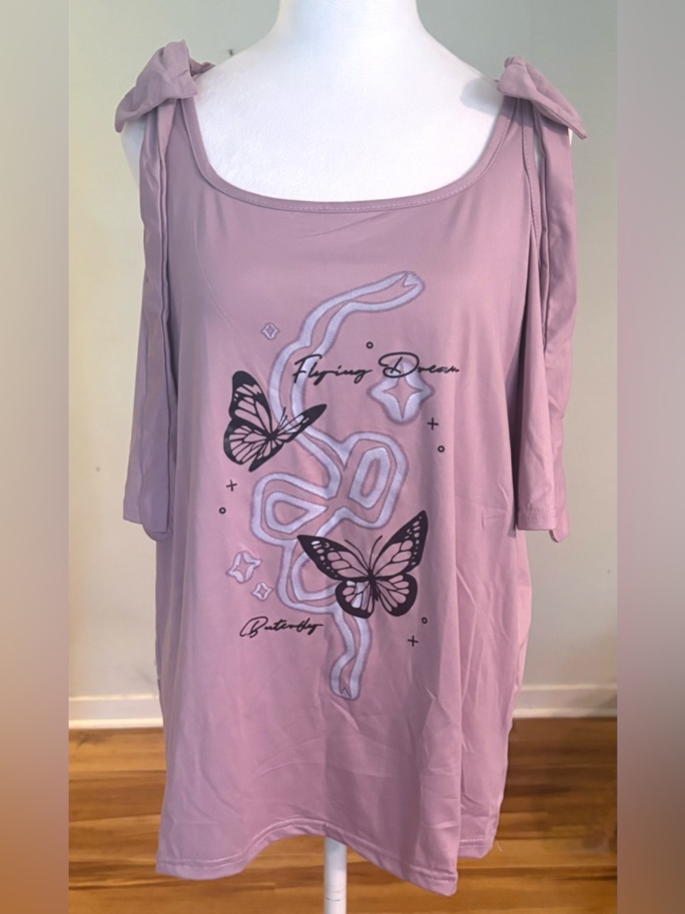 Kawaii Short Sleeved Off Shoulder Purple Butterfly Shirt, Oversized, Size M